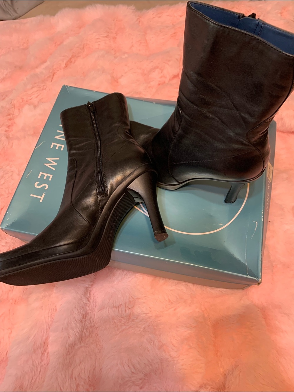 Nine West Black Leather Mid-Calf Stiletto Boots